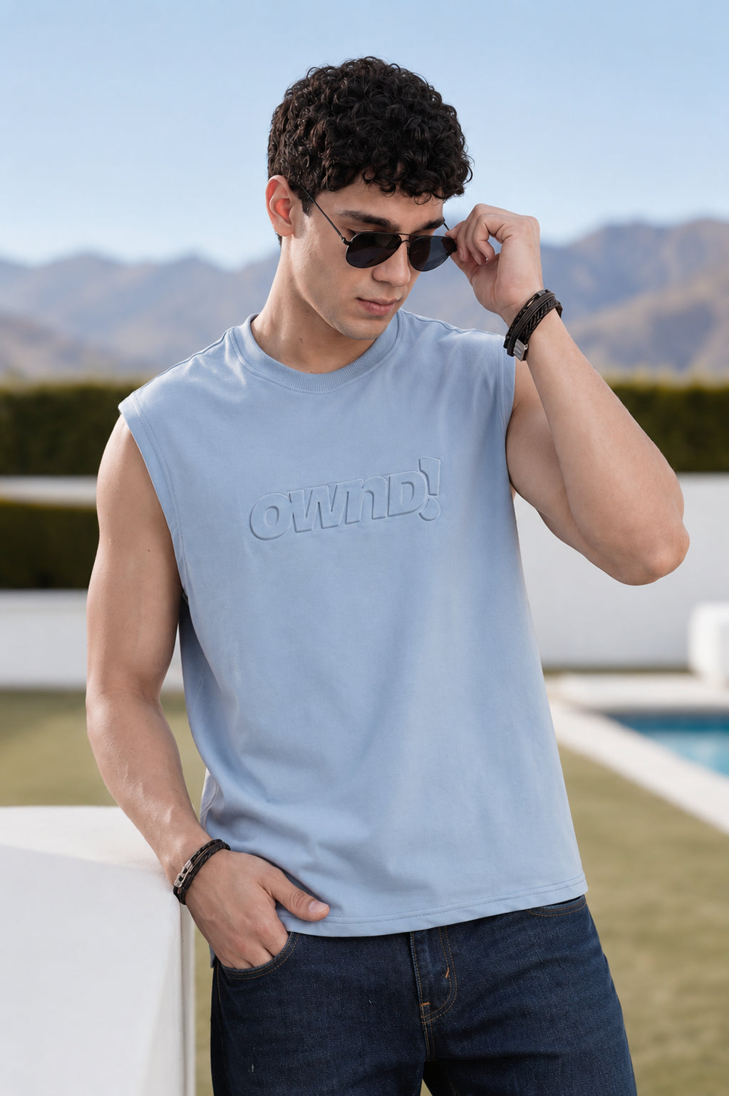 Blue Embossed Regular Fit T-Shirt for Men - Image 1