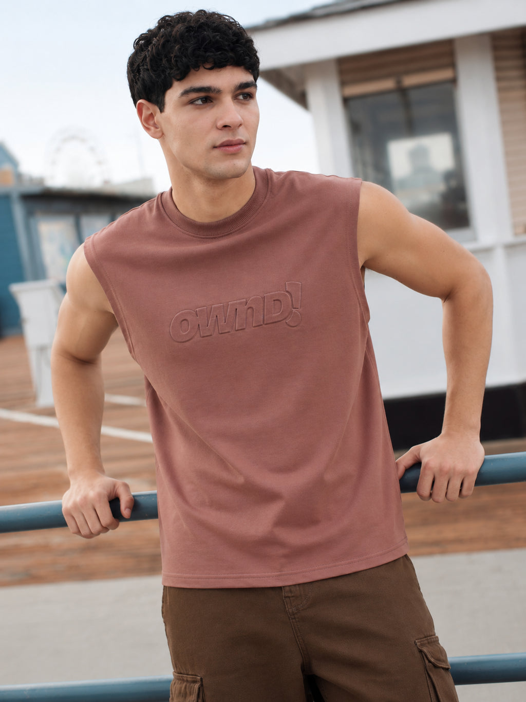 Brown Embossed Regular Fit T-Shirt for Men - Image 1