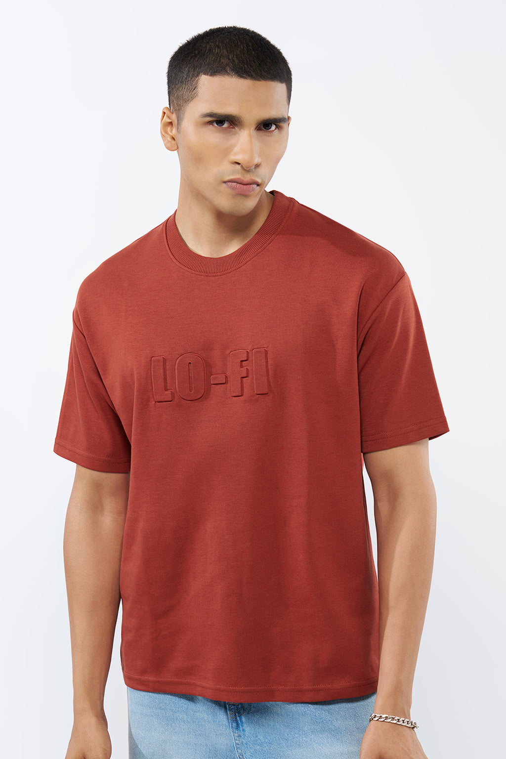 Red Embossed Regular Fit T-Shirt for Men - Image 2
