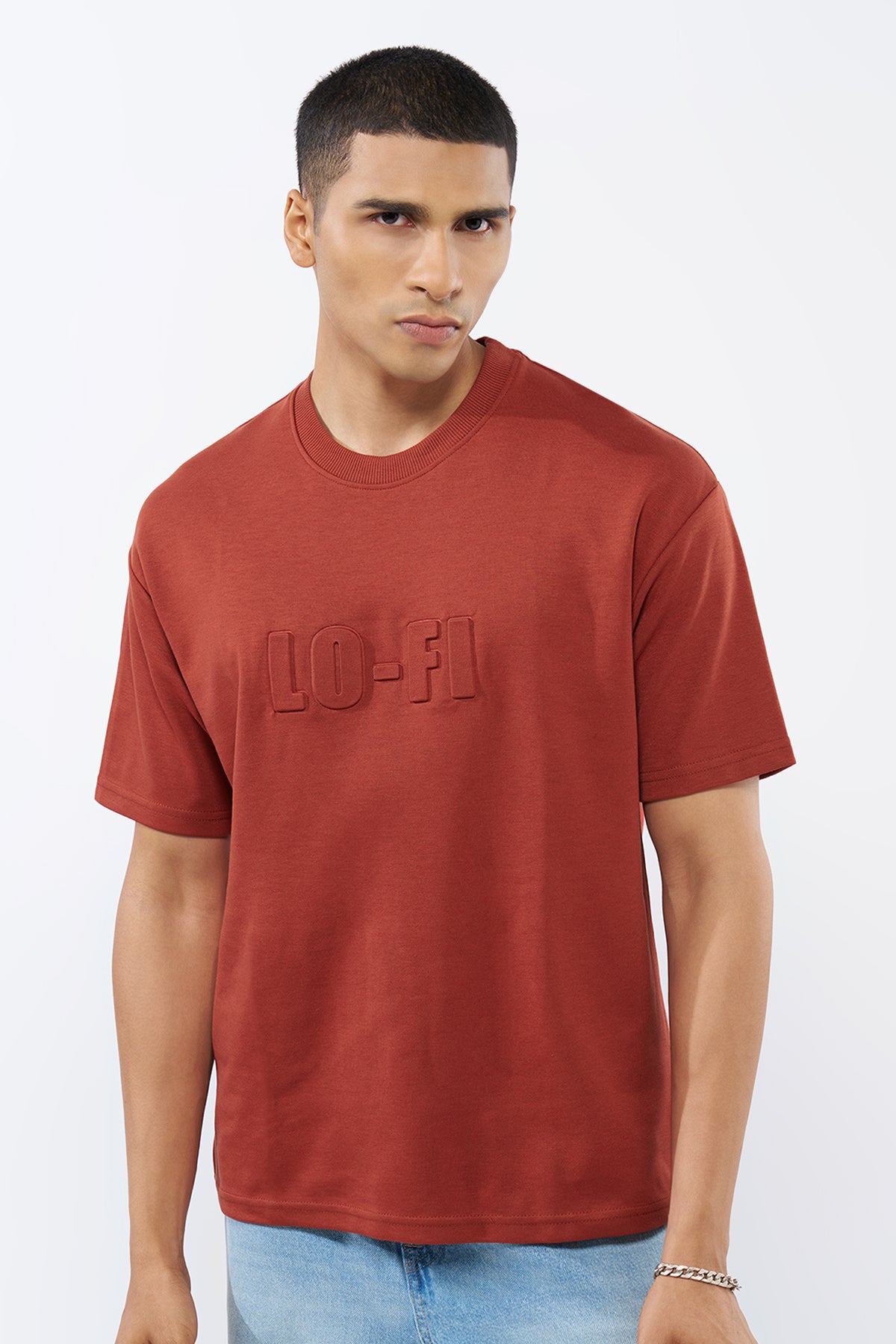 Red Embossed Regular Fit T-Shirt for Men - Image 2
