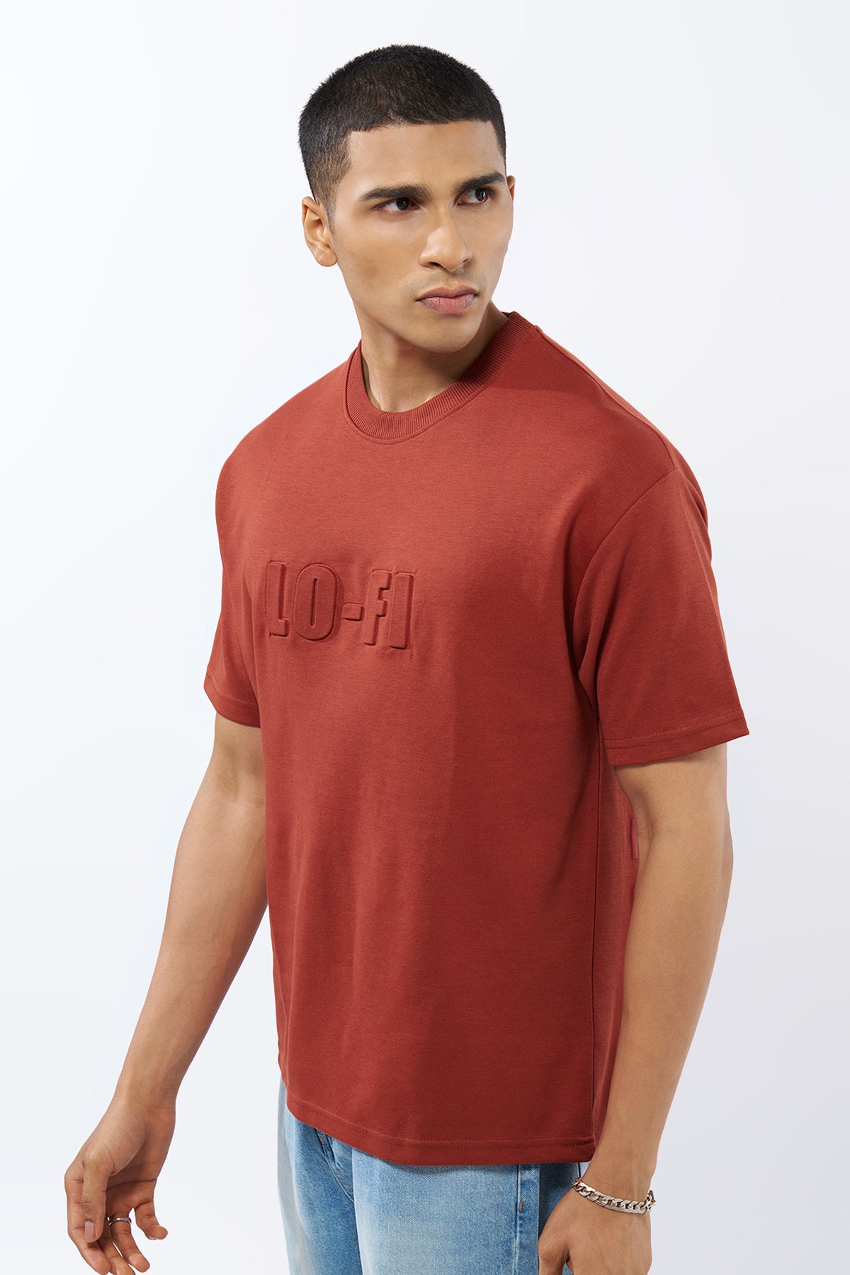 Red Embossed Regular Fit T-Shirt for Men - Image 4