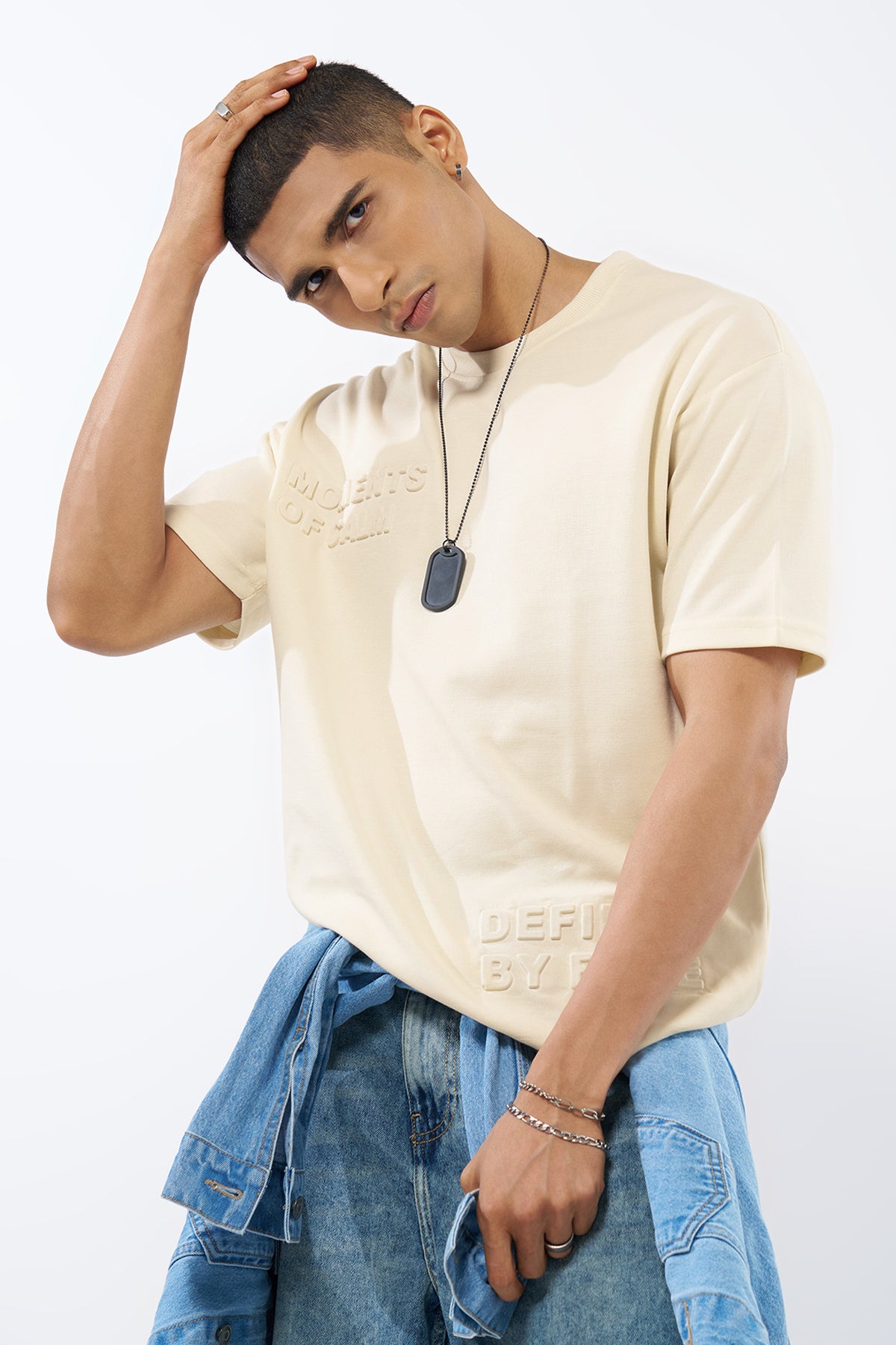Cream Embossed Regular Fit T-Shirt for Men - Image 1