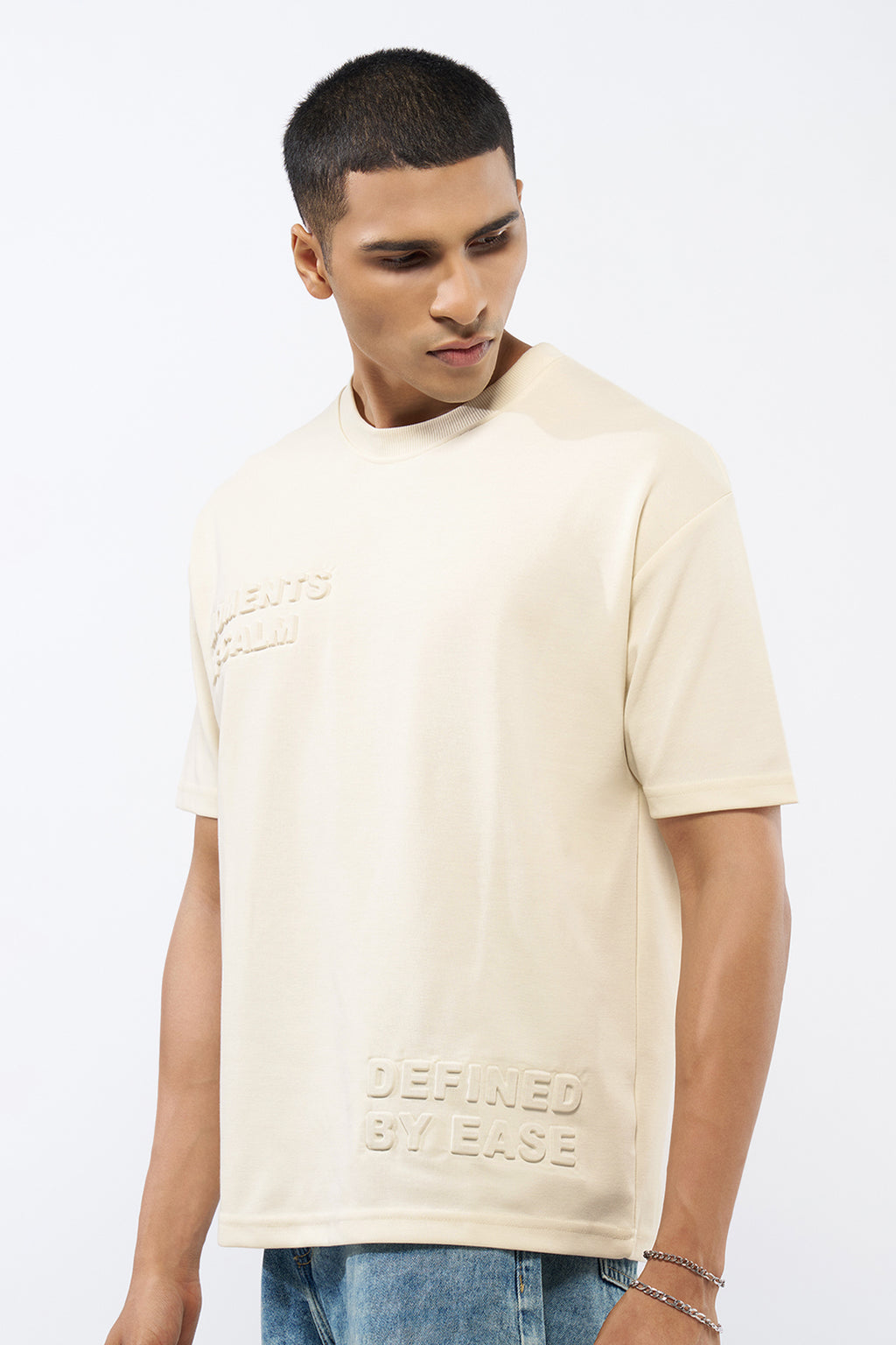 Cream Embossed Regular Fit T-Shirt for Men - Image 4
