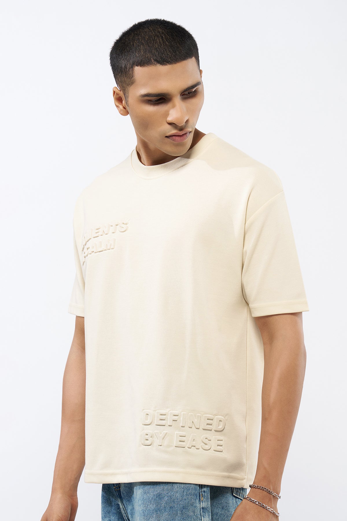 Cream Embossed Regular Fit T-Shirt for Men - Image 4