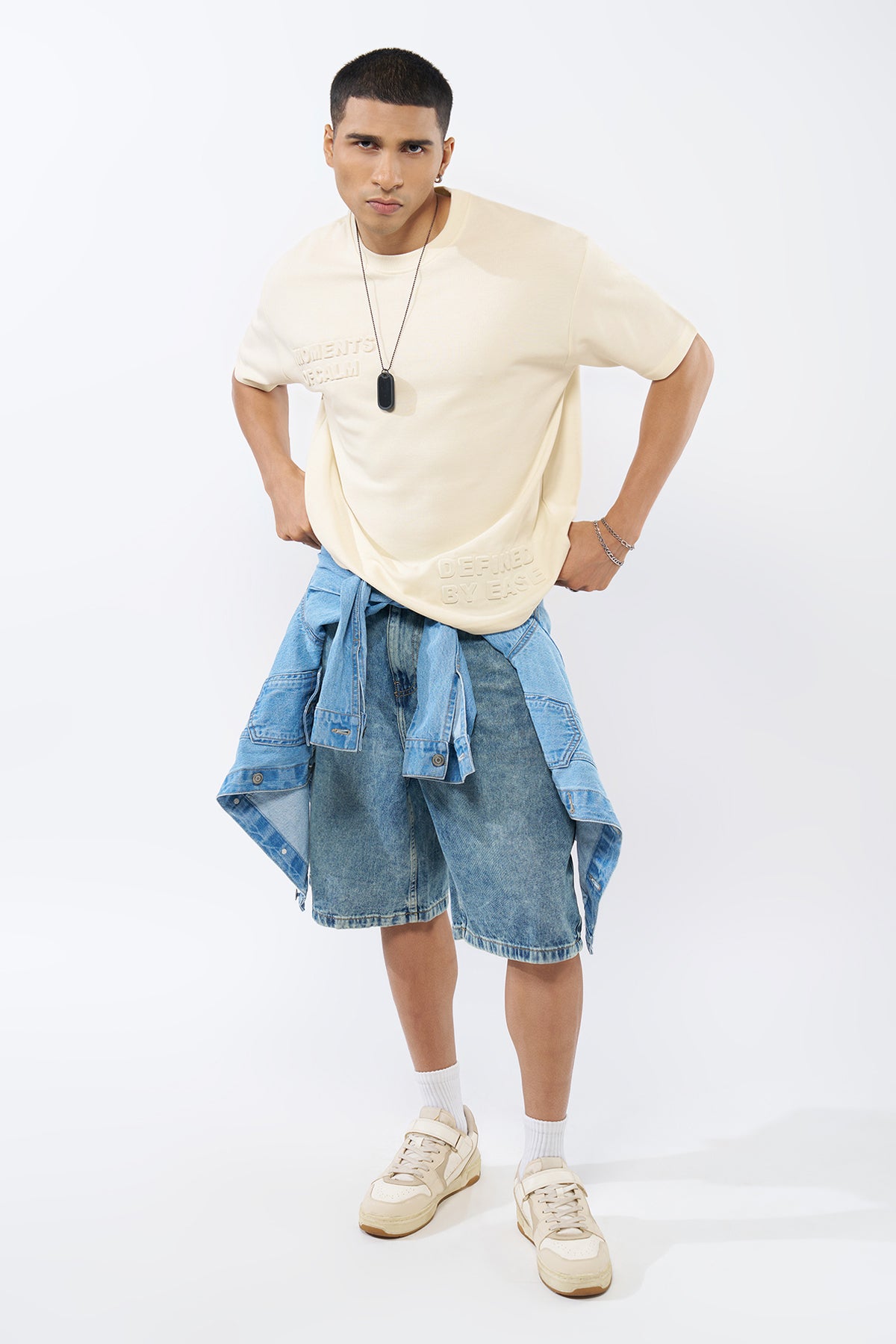 Cream Embossed Regular Fit T-Shirt for Men - Image 6