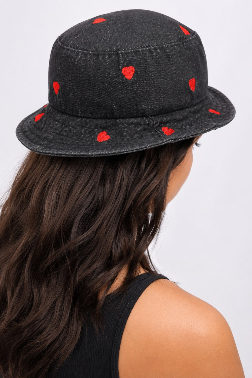 Black Heart Embroidered Denim Bucket Hat for Women - Image 5