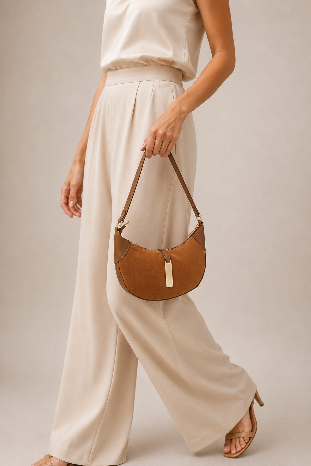 Tan Solid Half Moon Shoulder Bag for Women - Image 1