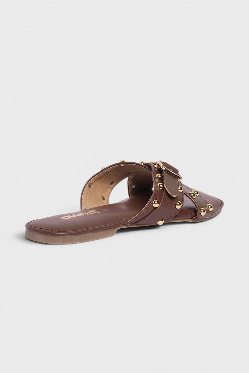 Brown Embellished Buckle Flats for Women - Image 3