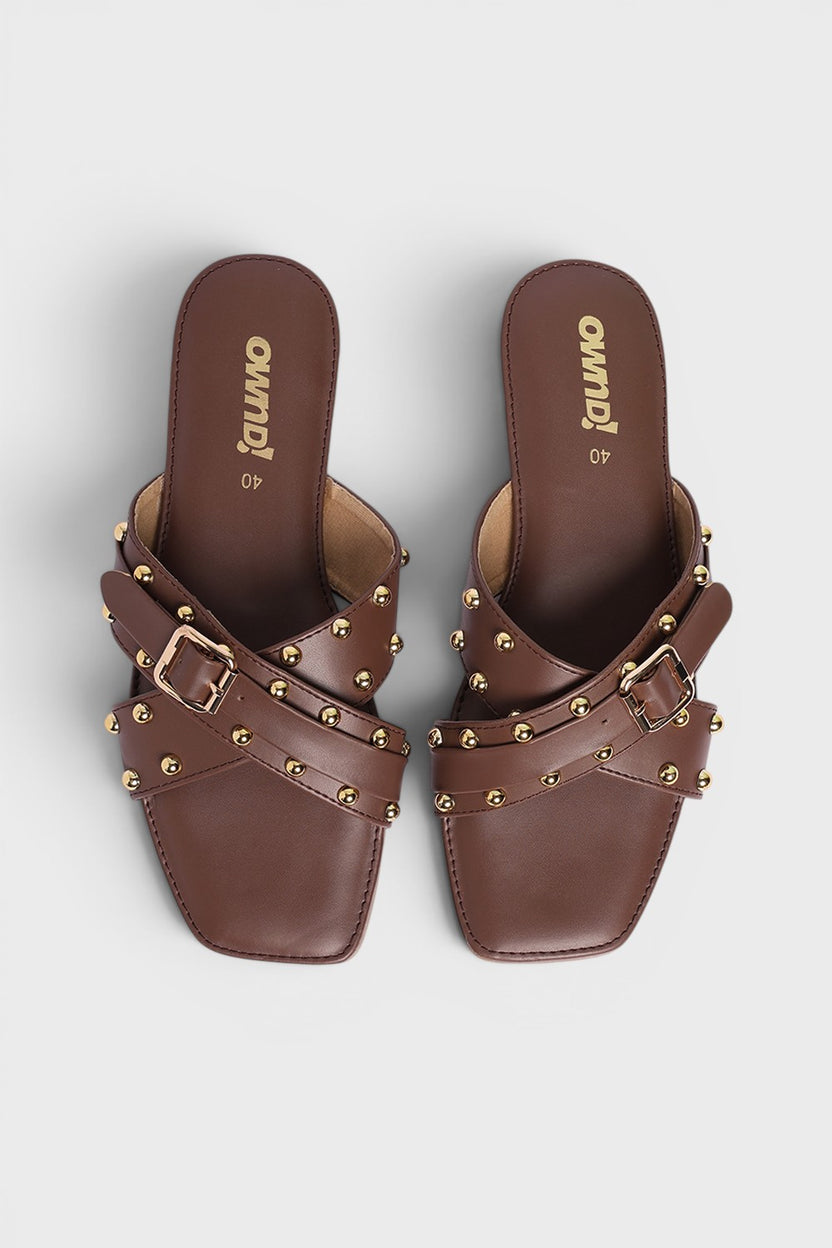 Brown Embellished Buckle Flats for Women - Image 4