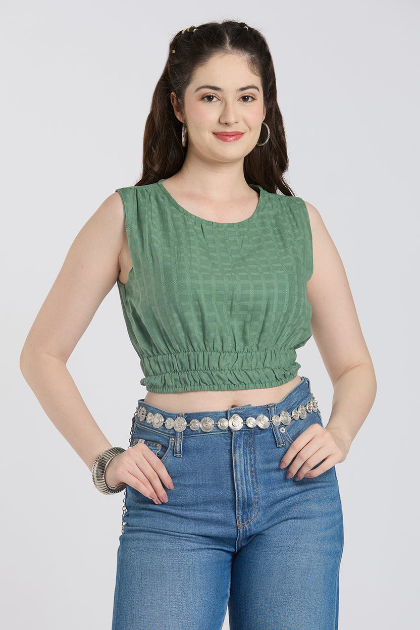 Green Checked Regular Fit Crop Top for Women - Image 1