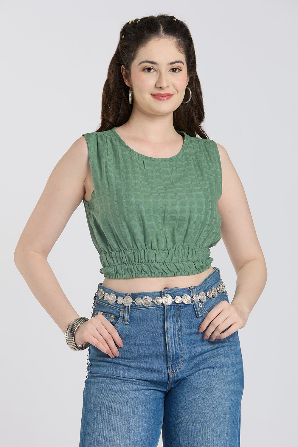 Green Checked Regular Fit Crop Top for Women - Image 1