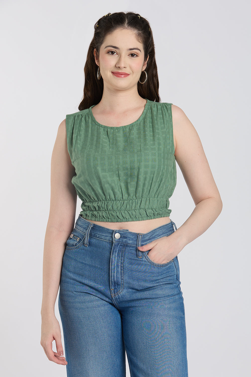 Green Checked Regular Fit Crop Top for Women - Image 2