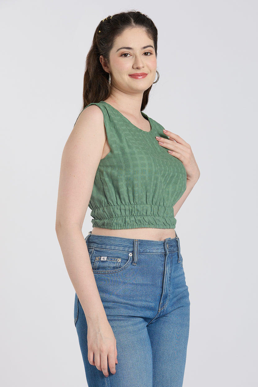 Green Checked Regular Fit Crop Top for Women - Image 4