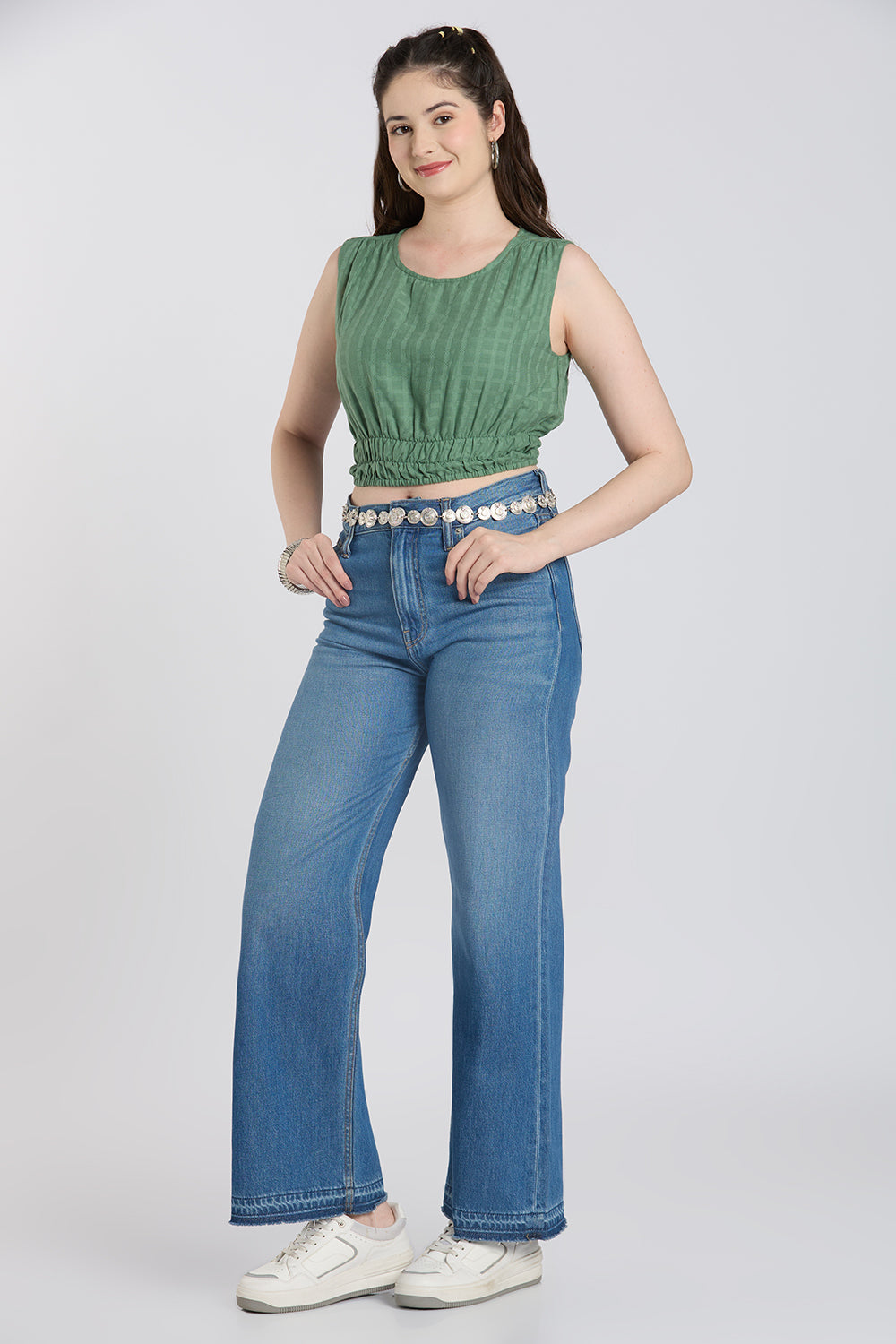 Green Checked Regular Fit Crop Top for Women - Image 6