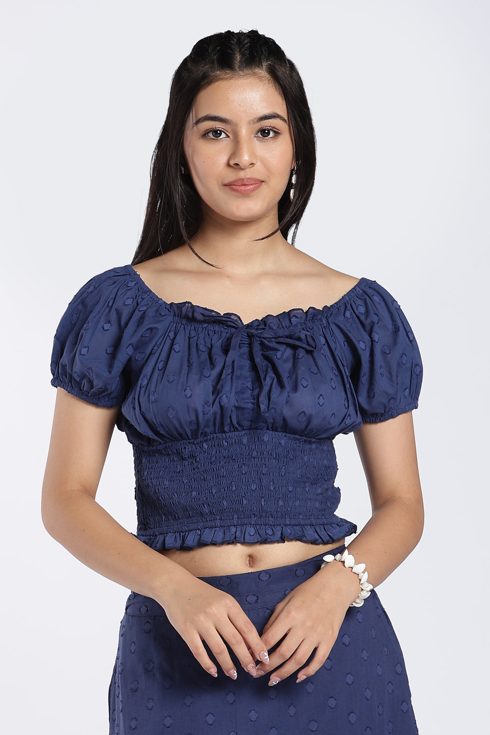 Navy Self Design Puff Sleeve Top for Women - Image 1