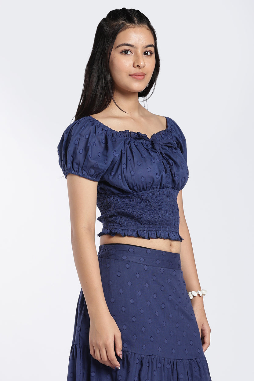 Navy Self Design Puff Sleeve Top for Women - Image 4