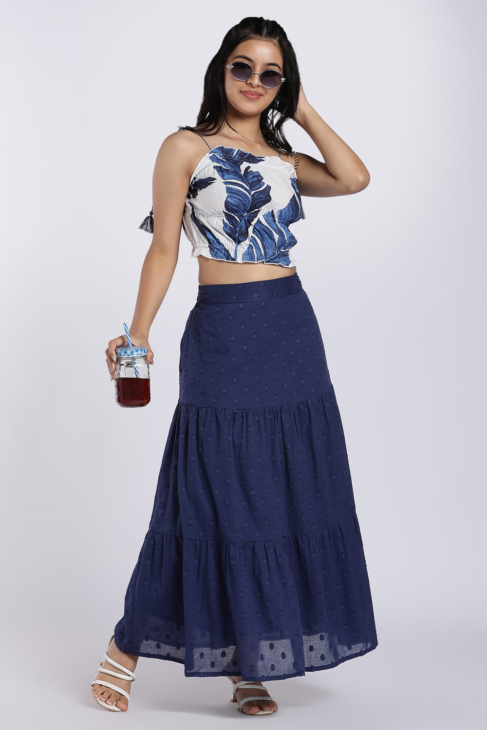 Navy Self Design Tiered Maxi Skirt for Women - Image 6