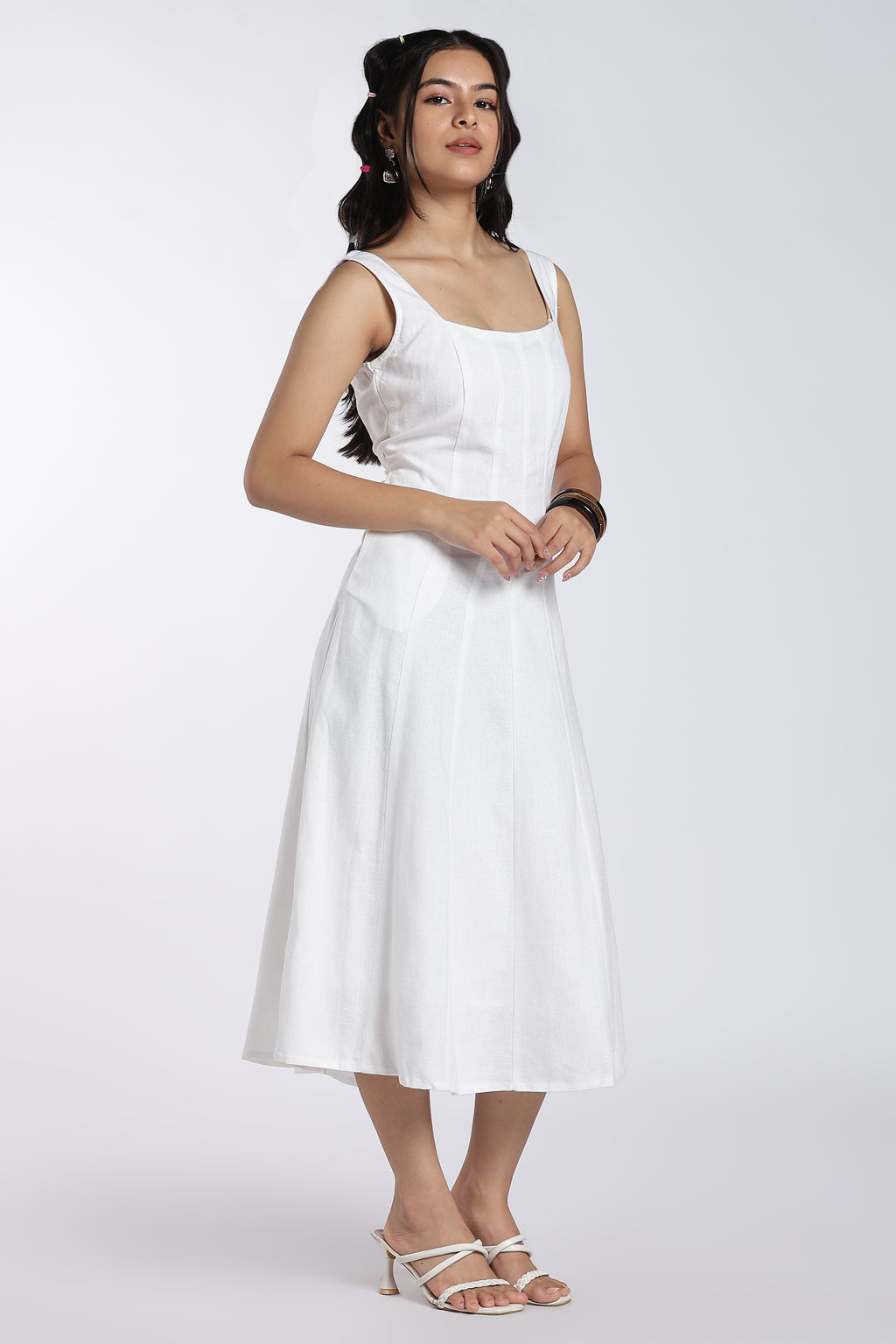 White Shoulder Straps Sleeves Fit Dress for Women - Image 4