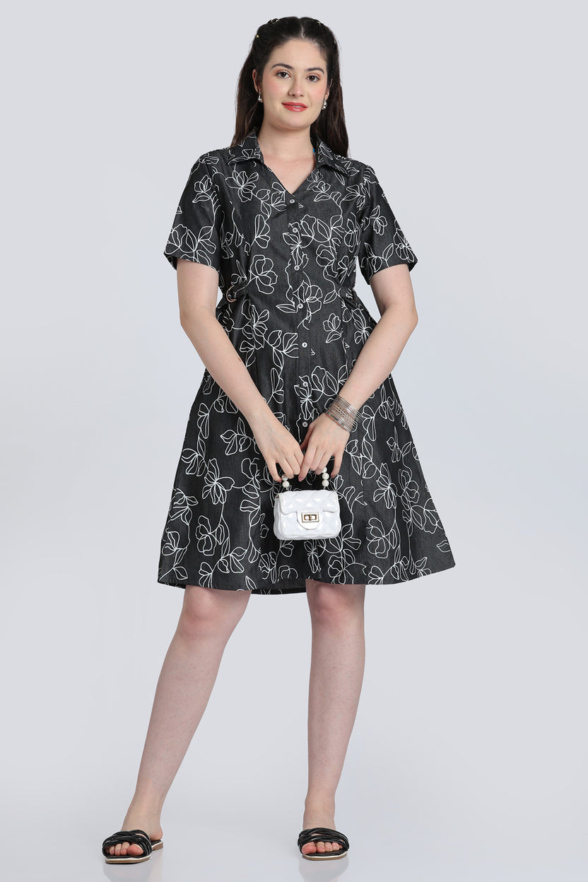 Black Floral Denim Dress for Women - Image 1