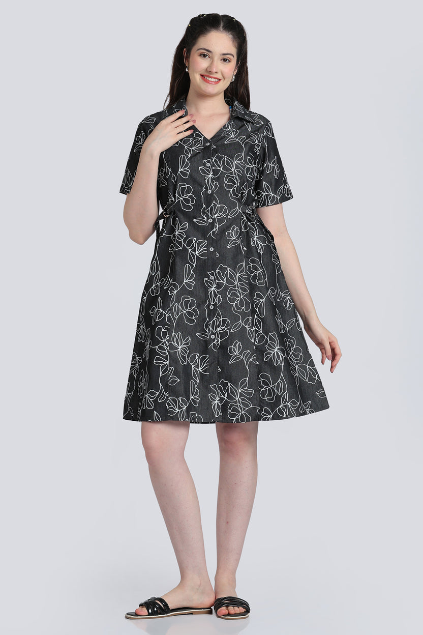 Black Floral Denim Dress for Women - Image 2