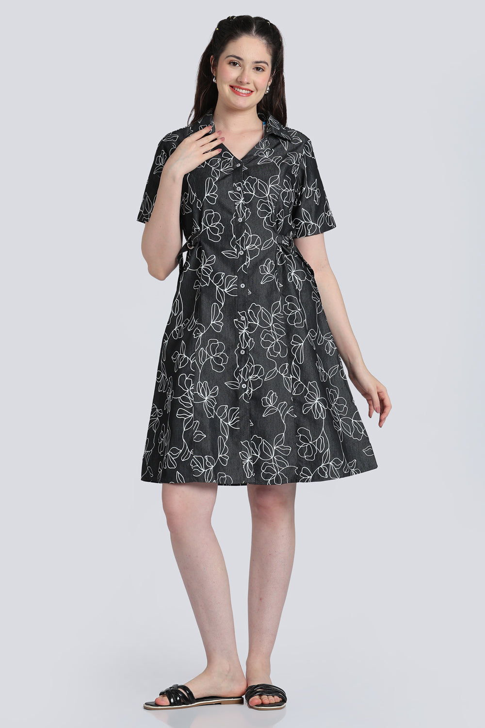 Black Floral Denim Dress for Women - Image 2