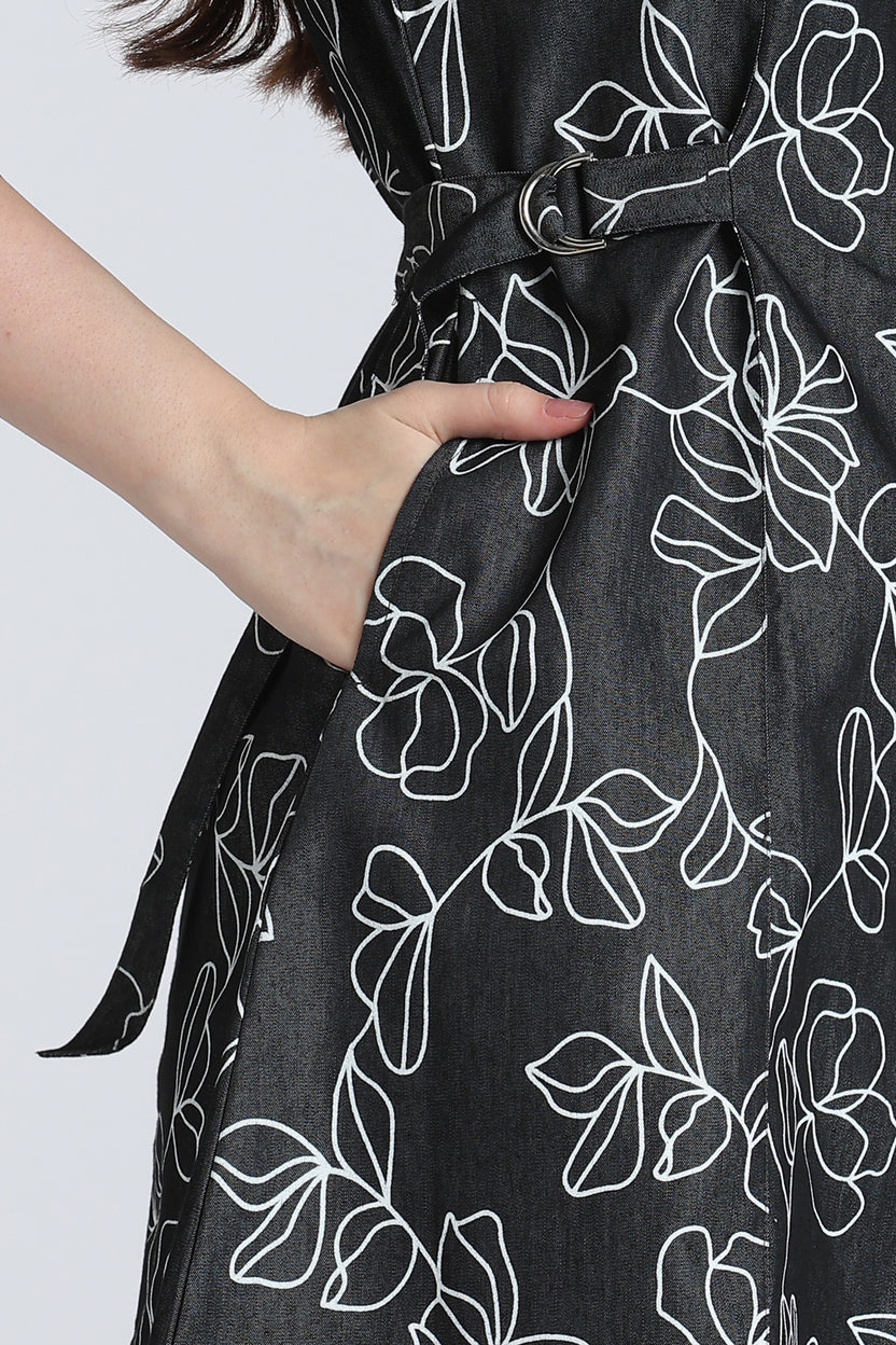 Black Floral Denim Dress for Women - Image 3