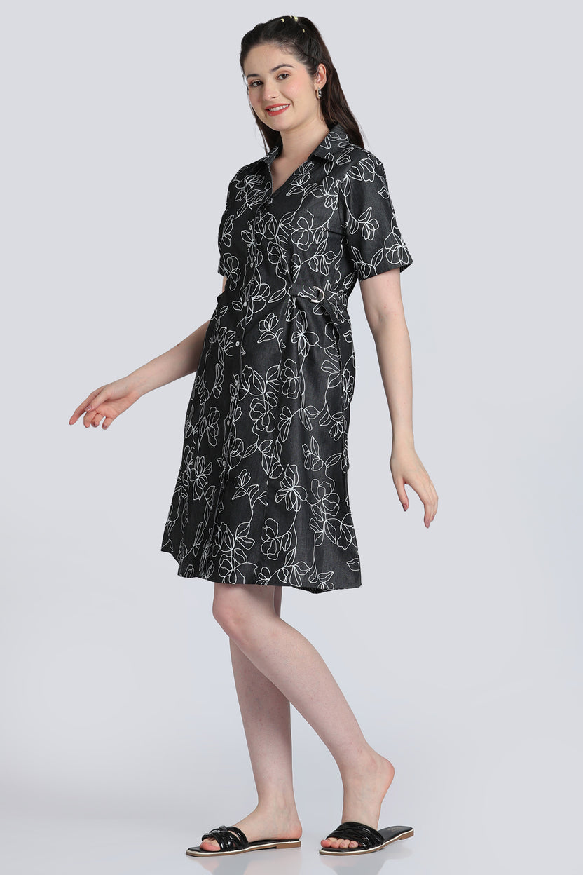 Black Floral Denim Dress for Women - Image 4