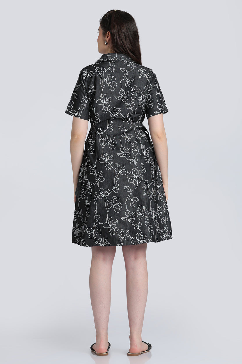 Black Floral Denim Dress for Women - Image 5