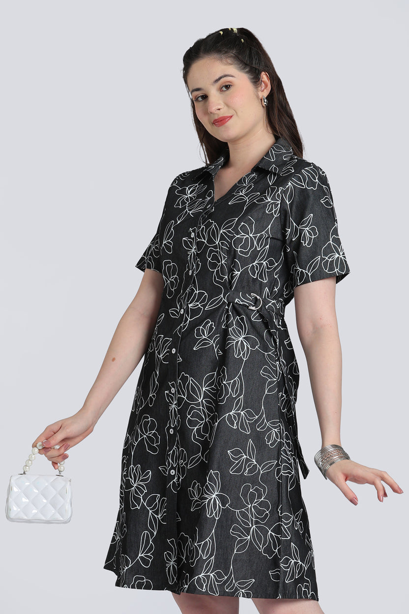 Black Floral Denim Dress for Women - Image 6