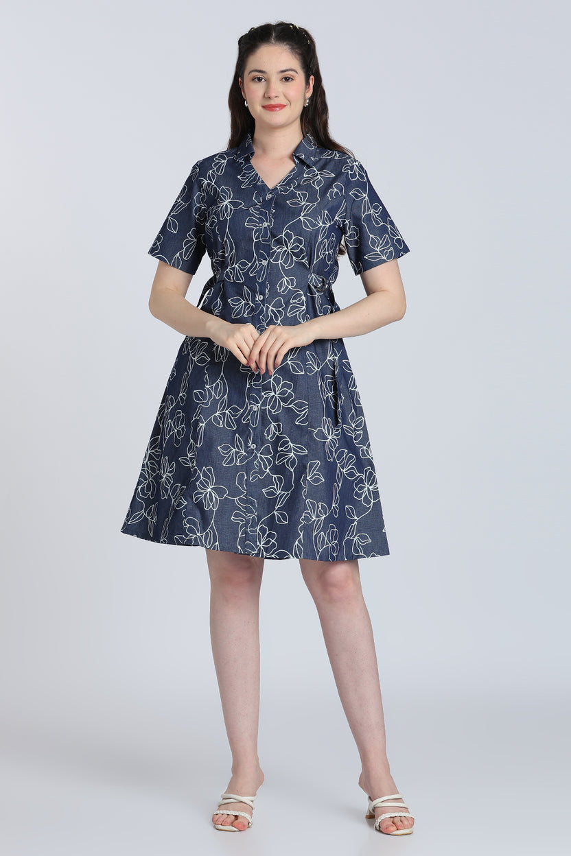 Navy Floral Denim Dress for Women - Image 1