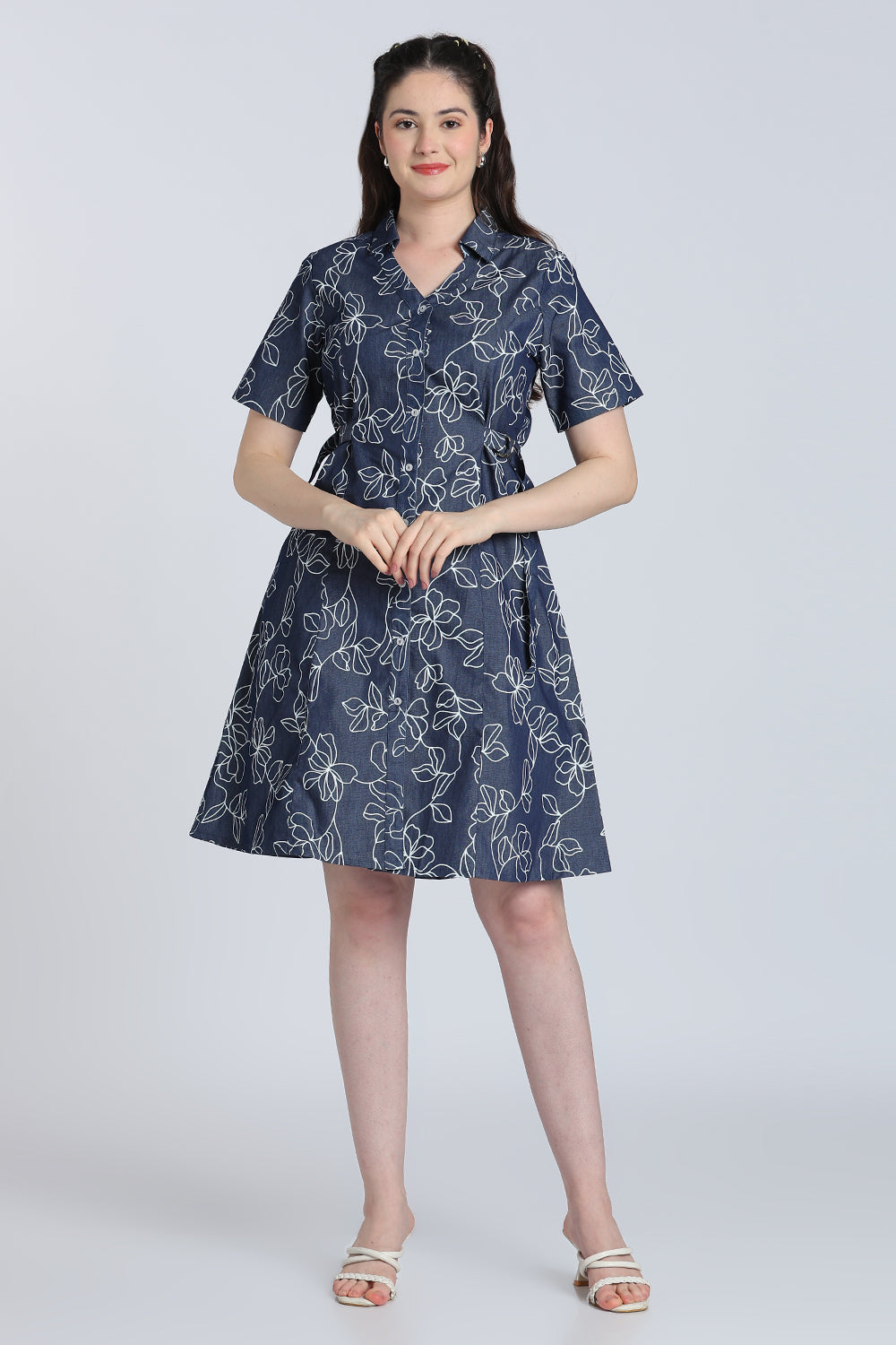 Navy Floral Denim Dress for Women - Image 1