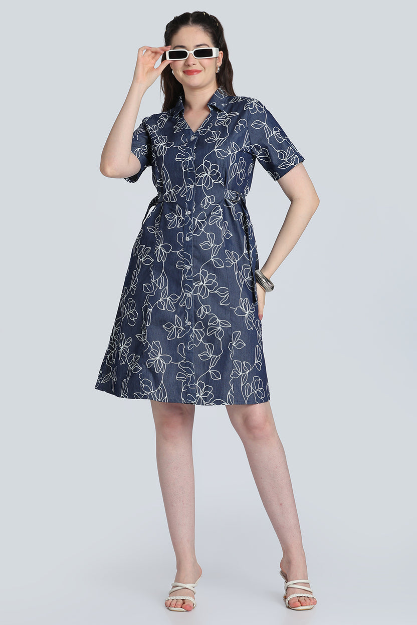 Navy Floral Denim Dress for Women - Image 2