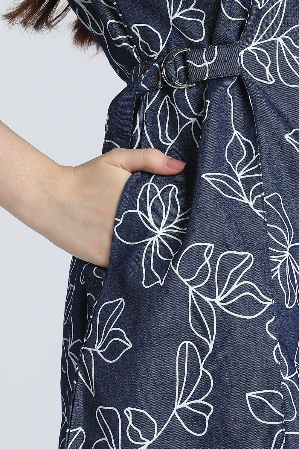 Navy Floral Denim Dress for Women - Image 3