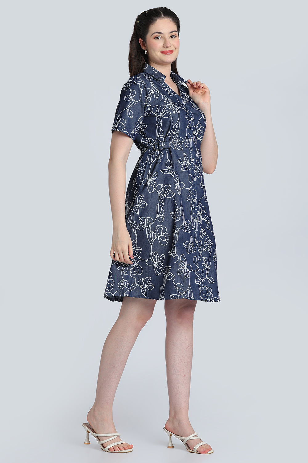 Navy Floral Denim Dress for Women - Image 4