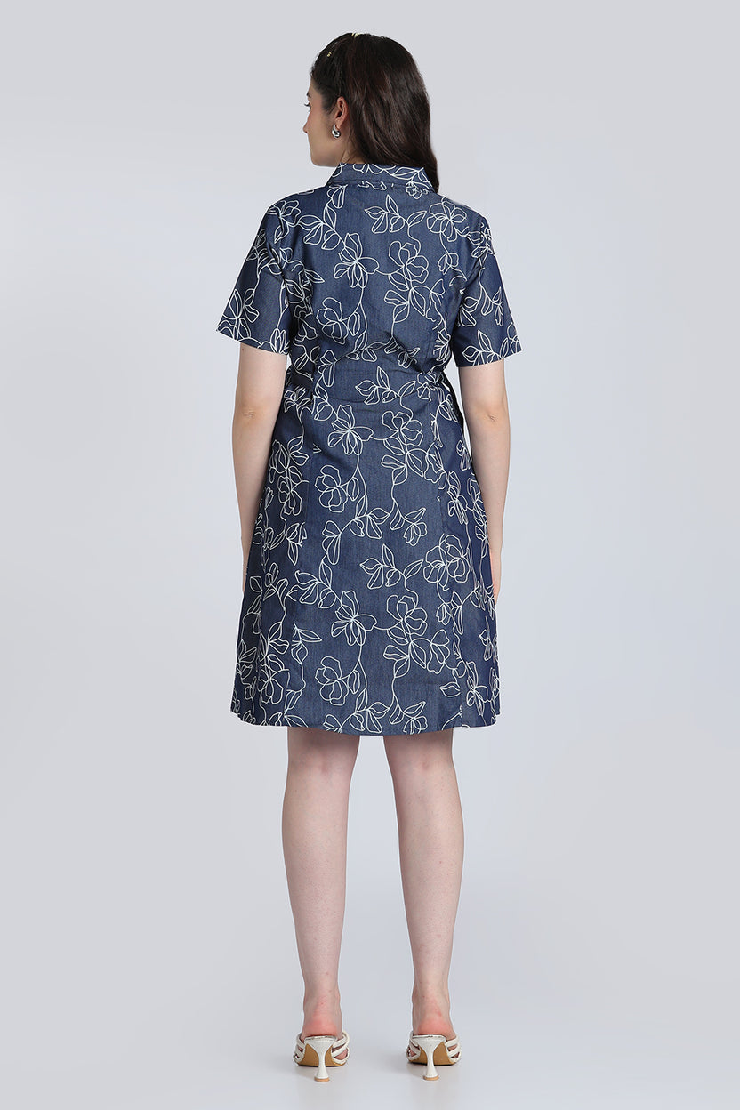Navy Floral Denim Dress for Women - Image 5
