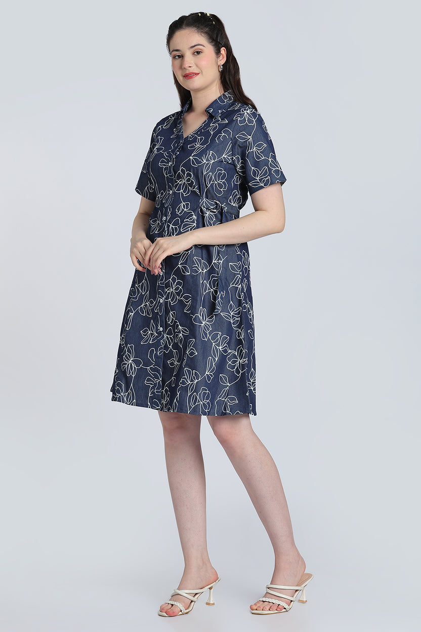 Navy Floral Denim Dress for Women - Image 6