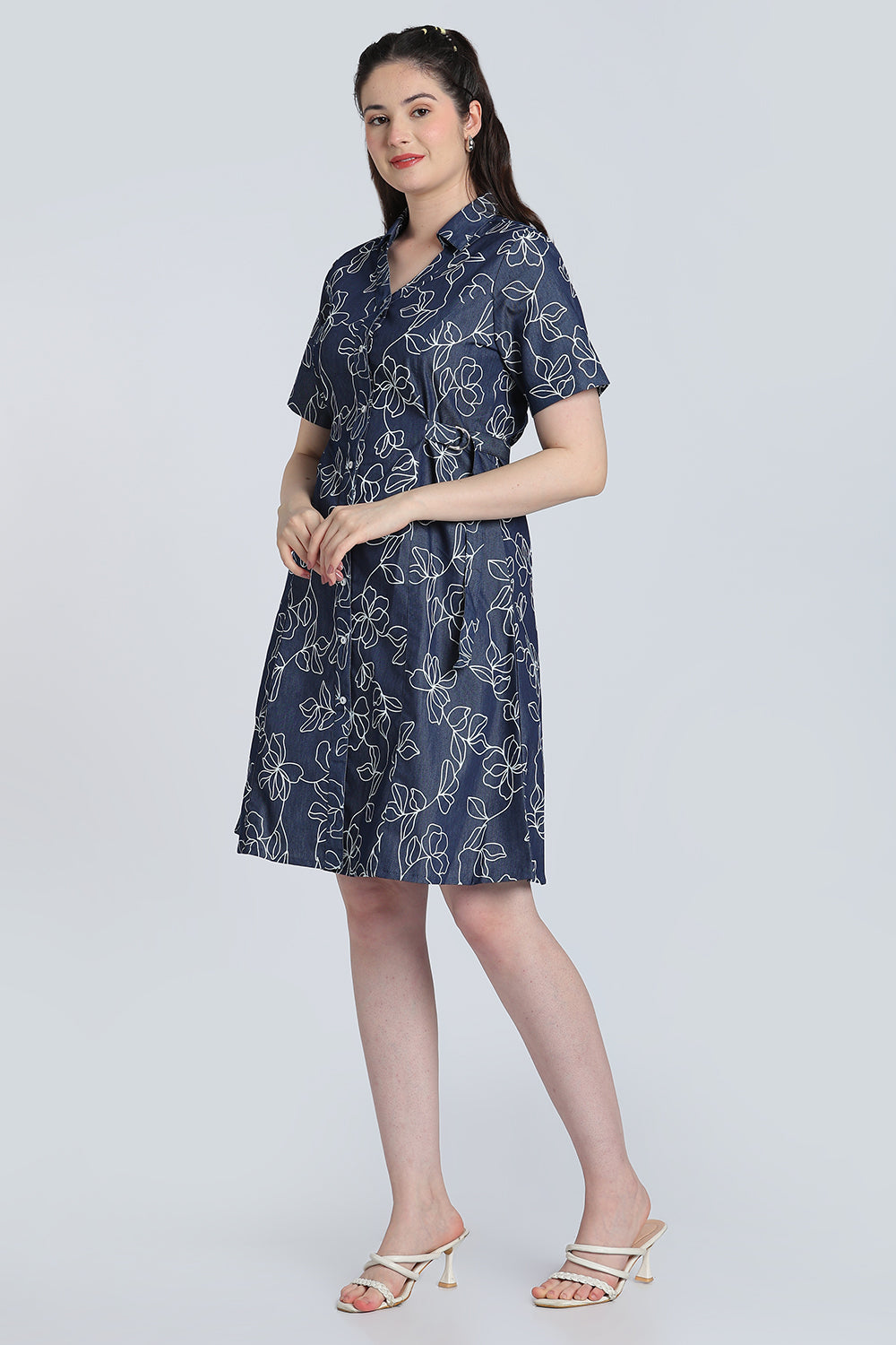 Navy Floral Denim Dress for Women - Image 6