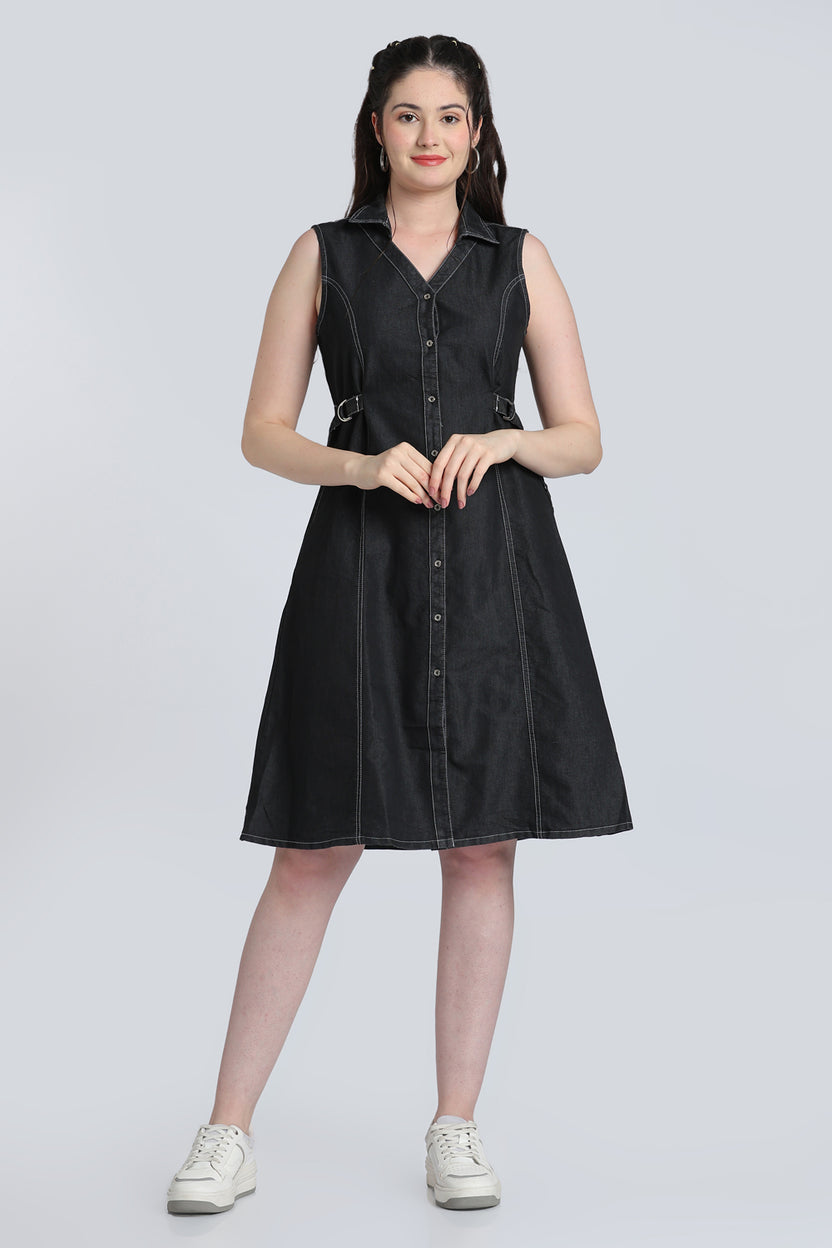 Black Solid Denim Dress for Women - Image 2