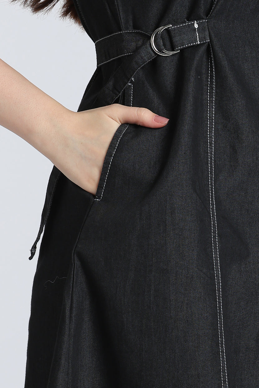 Black Solid Denim Dress for Women - Image 3