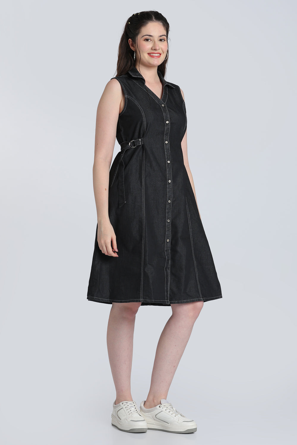 Black Solid Denim Dress for Women - Image 4