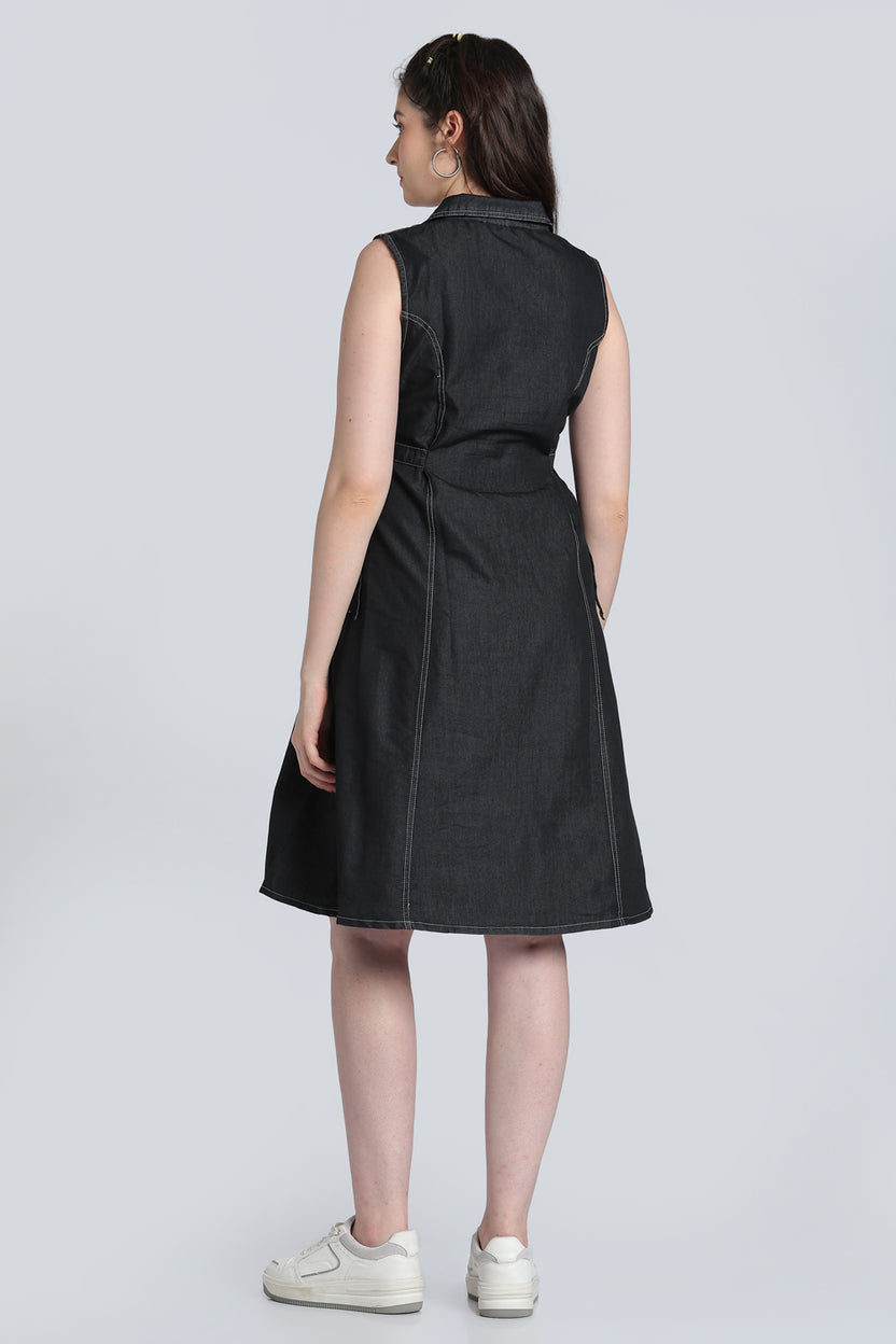 Black Solid Denim Dress for Women - Image 5