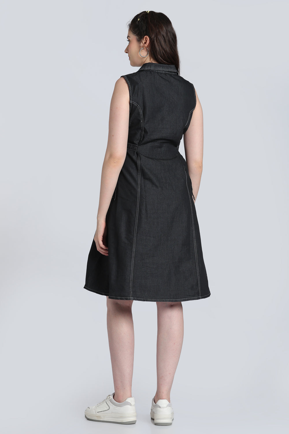 Black Solid Denim Dress for Women - Image 5