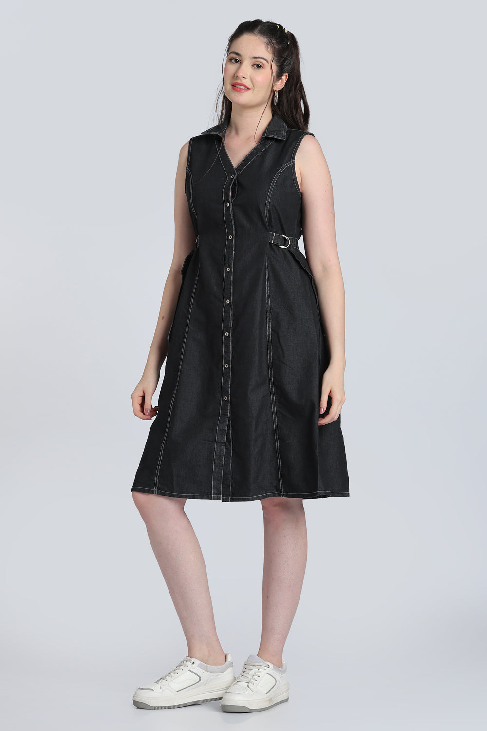 Black Solid Denim Dress for Women - Image 6