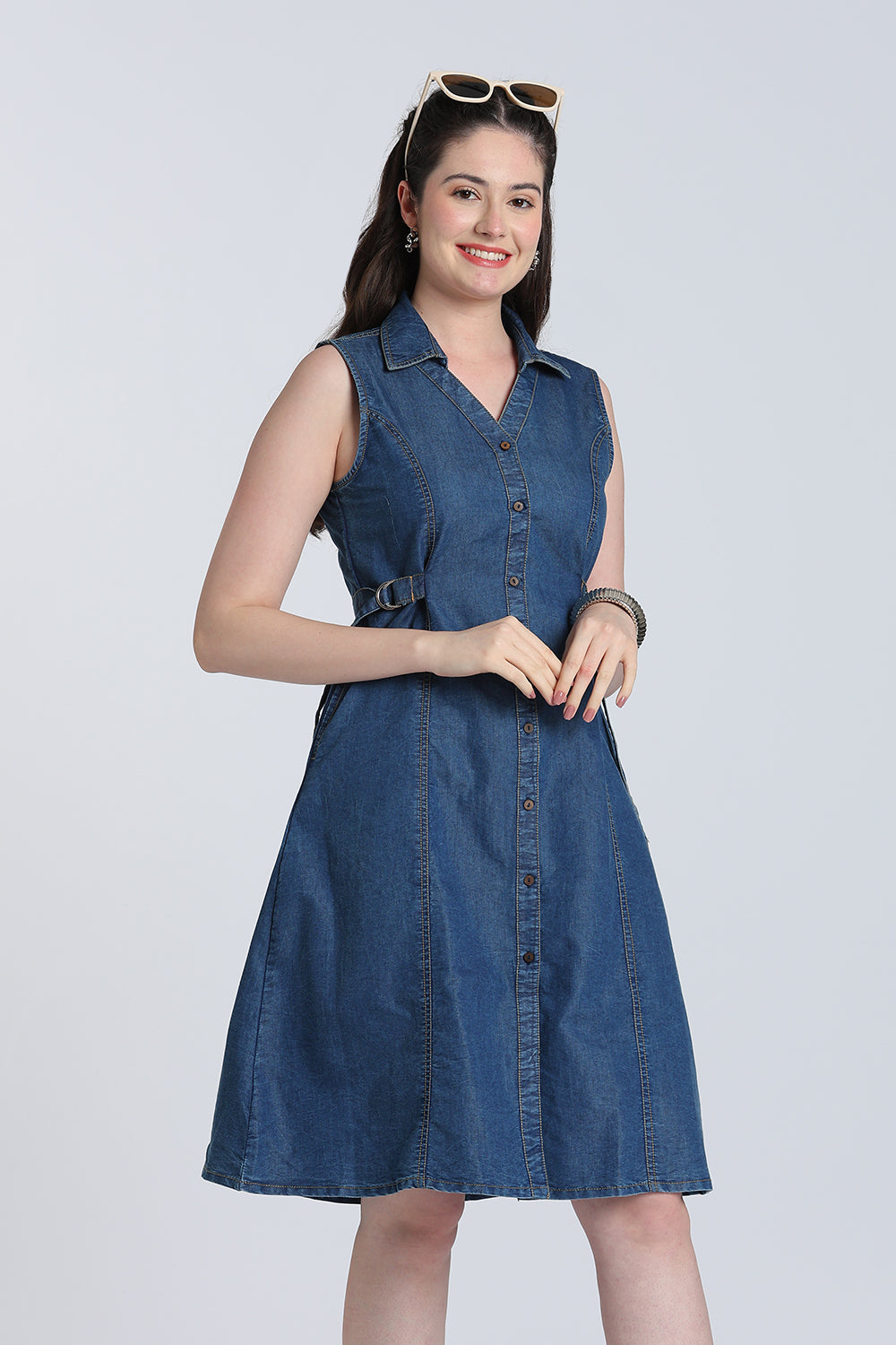 Blue Solid Denim Dress
