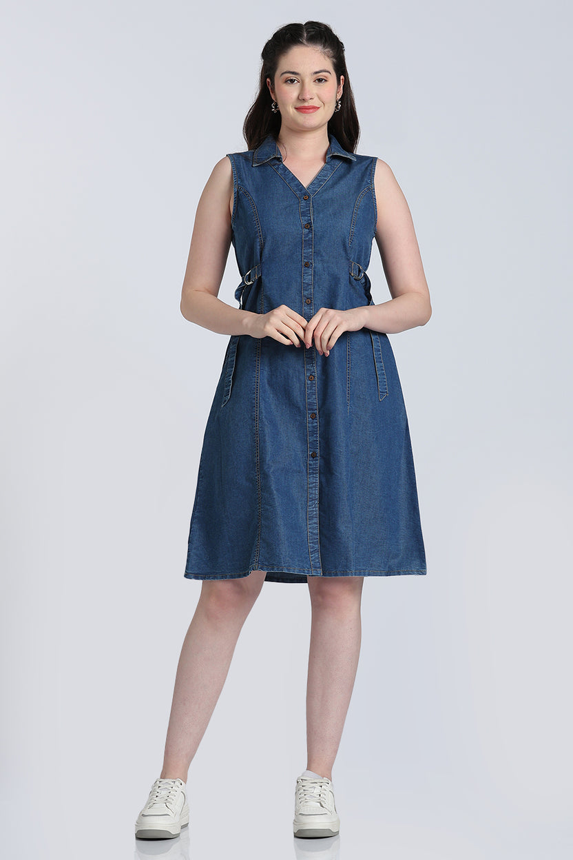Blue Solid Denim Dress for Women - Image 2