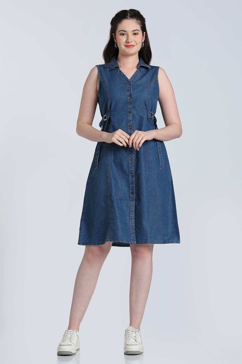 Blue Solid Denim Dress for Women - Image 2
