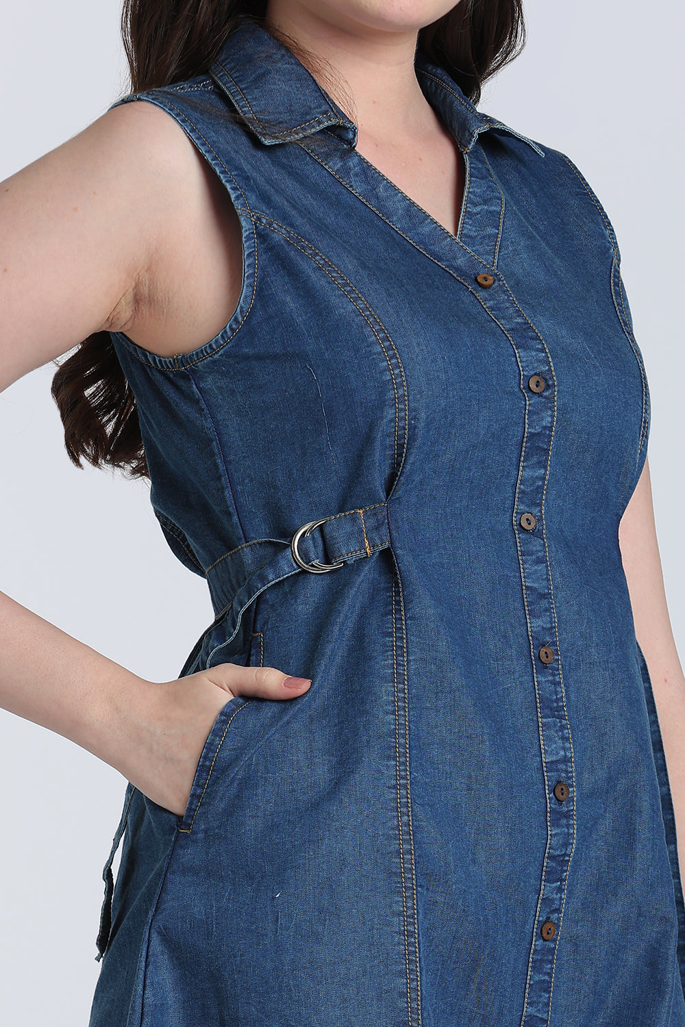 Blue Solid Denim Dress for Women - Image 3