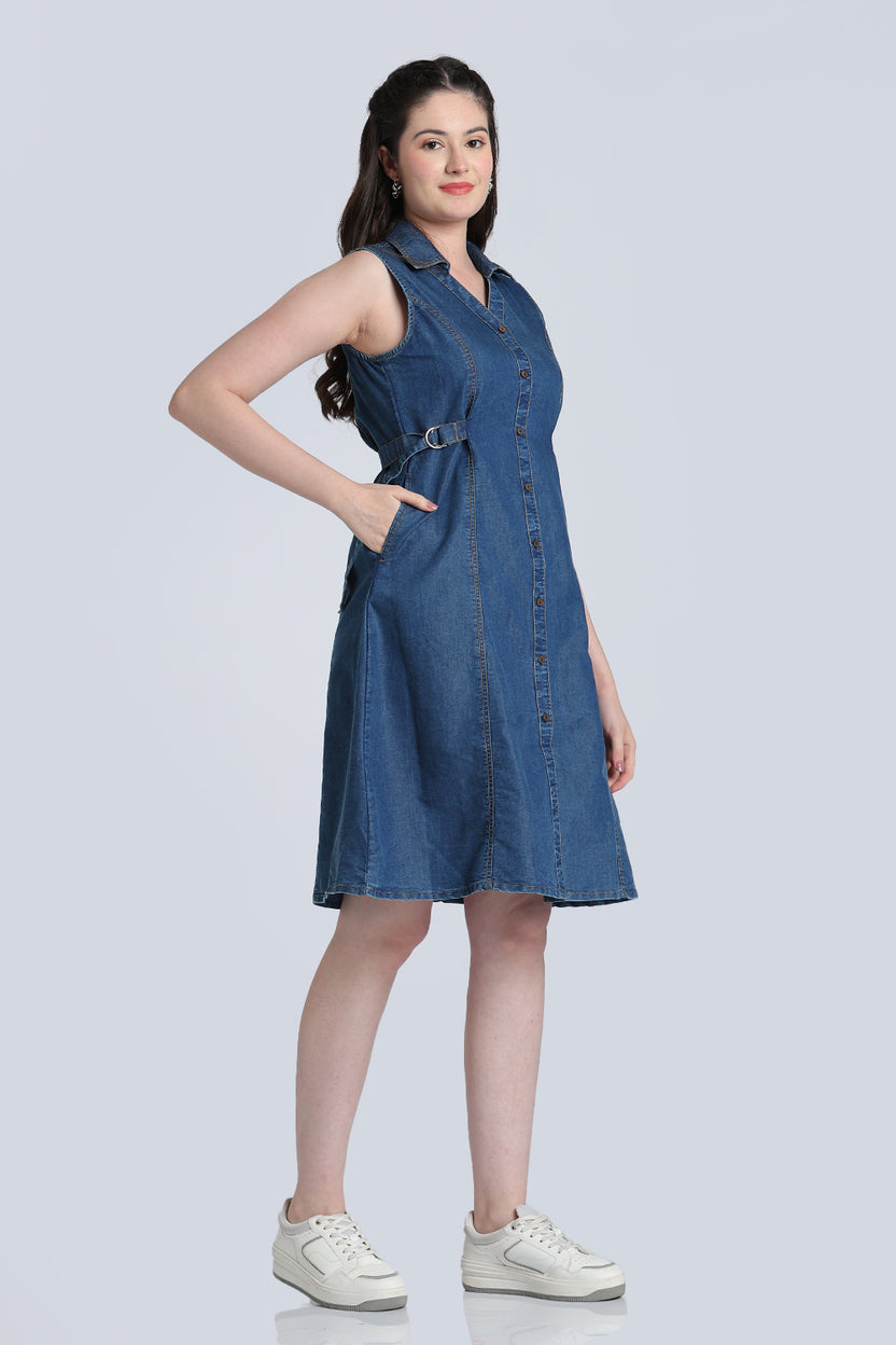 Blue Solid Denim Dress for Women - Image 4