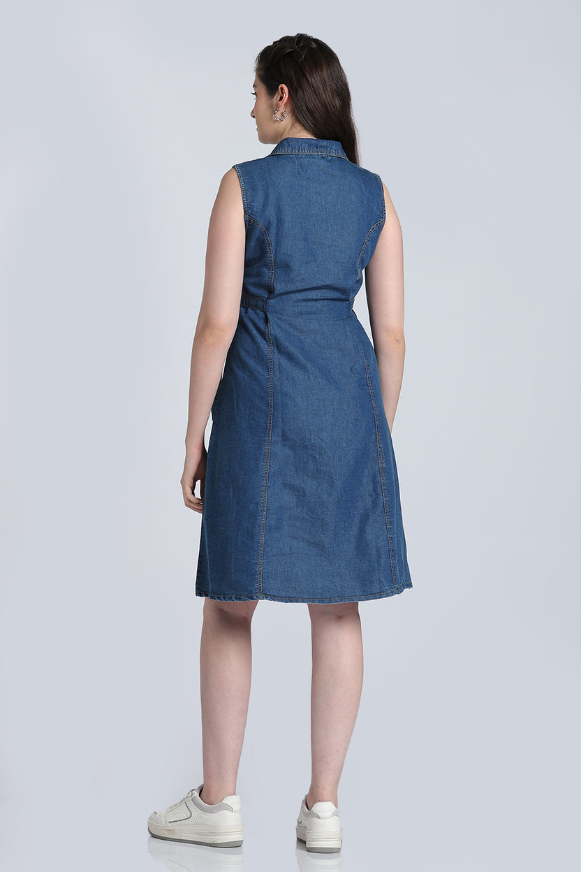 Blue Solid Denim Dress for Women - Image 5
