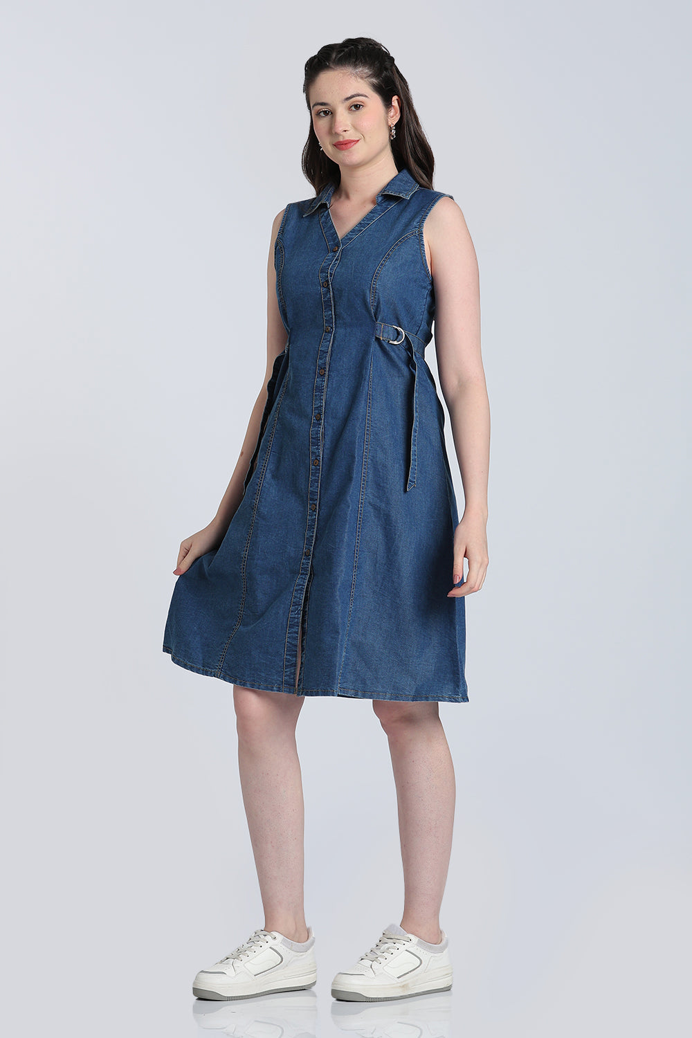 Blue Solid Denim Dress for Women - Image 6